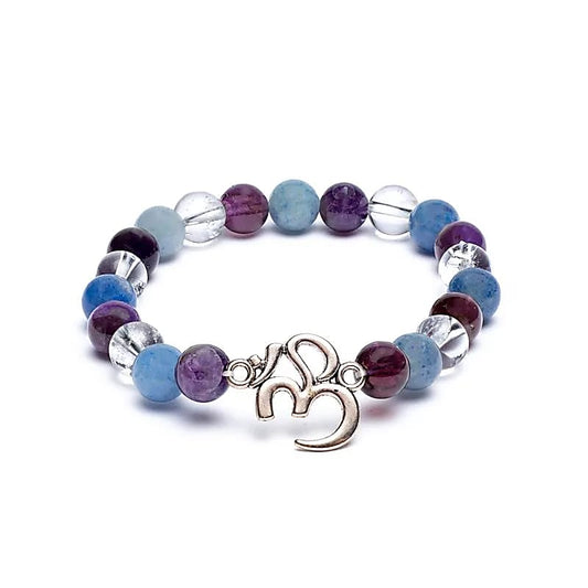 Mala Armband Amethyst, Aventurin, Bergkristallperlen und OM-Anhänger