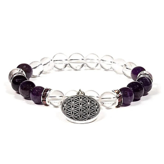 Armband Bergkristall & Amethyst mit Anhänger Blume des Lebens