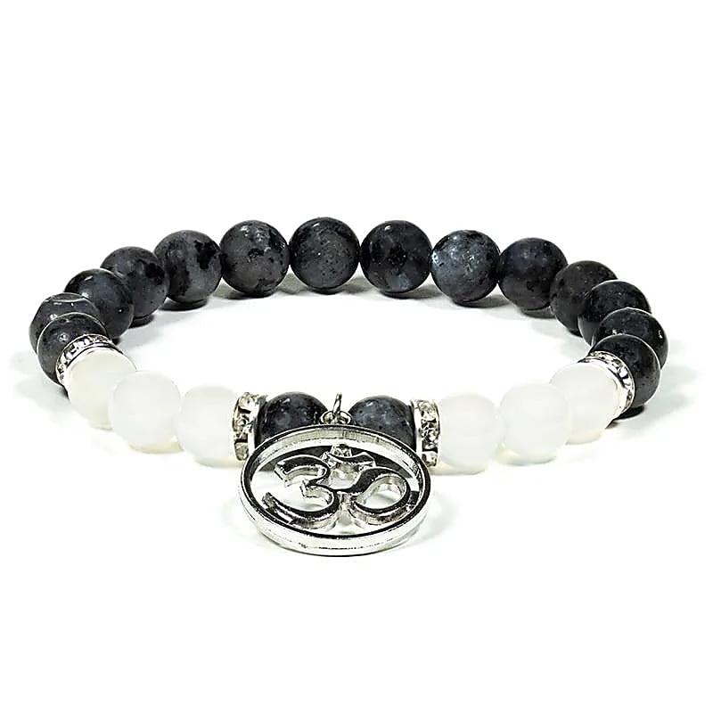 Armband Labradorit & weißen Achatperlen mit OM-Anhänger