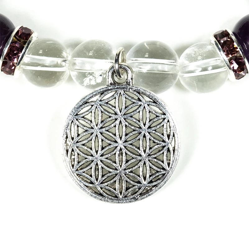 Armband Bergkristall & Amethyst mit Anhänger Blume des Lebens